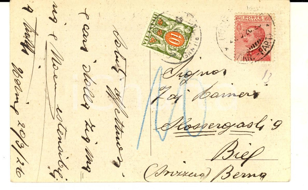 Cartolina originale da collezione 1920 STORIA POSTALE UDINE Piazza Vittorio Emanuele Cartolina 60 c. +10 HELVETIA 1