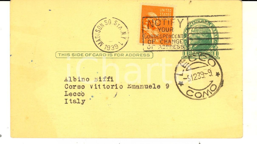 Cartolina originale da collezione 1939 STORIA POSTALE NEW YORK Postcard J. J. BERLINER & Staff 1/2 cent. 1