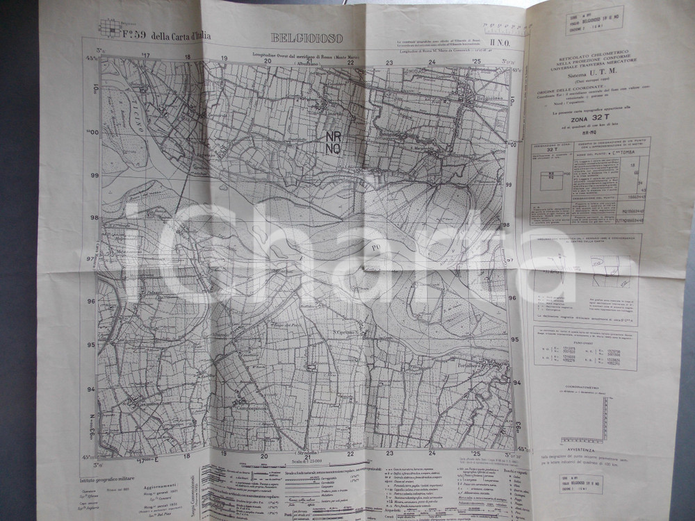 1950 ca Istituto Geografico Militare CARTA D'ITALIA - BELGIOIOSO *Mappa 65x60 cm