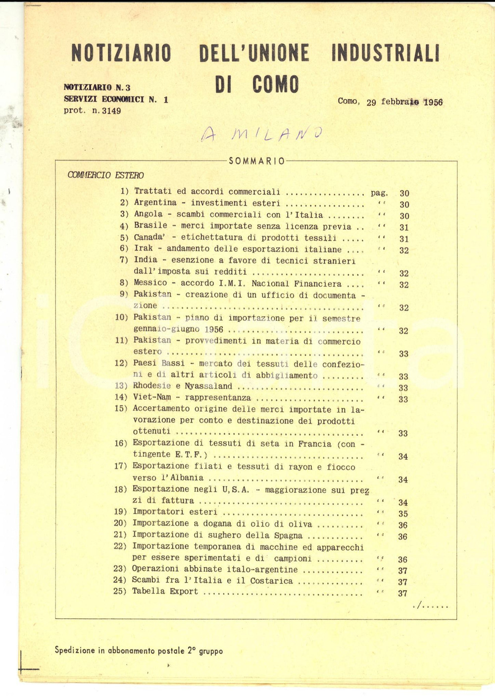 Documento originale, autentico 1956 COMO UNIONE INDUSTRIALI Accordi commerciali internazionali Notiziario n° 3 1