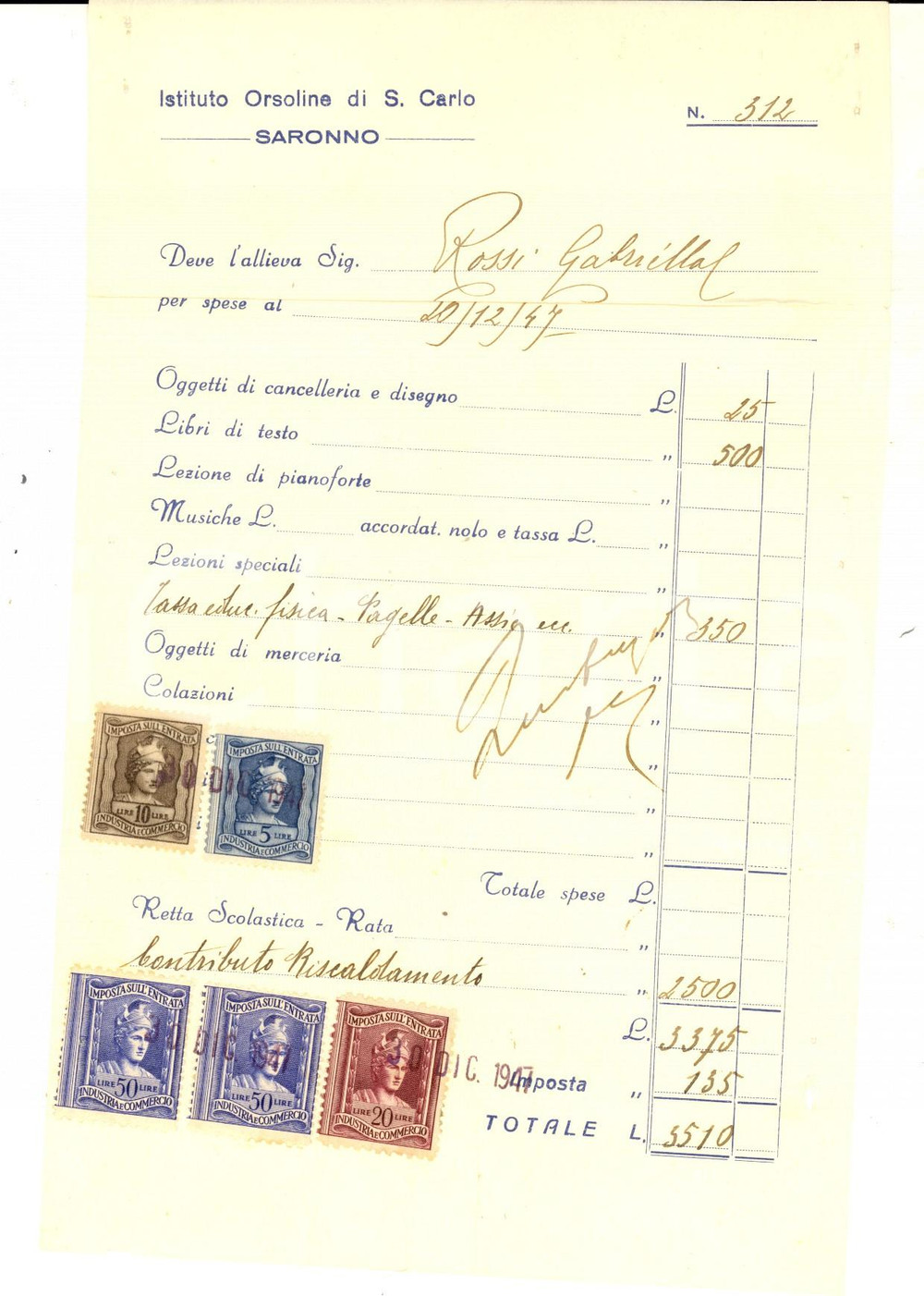 Documento originale, autentico 1947 SARONNO VA Istituto Orsoline SAN CARLO  Fattura lezioni speciali 1