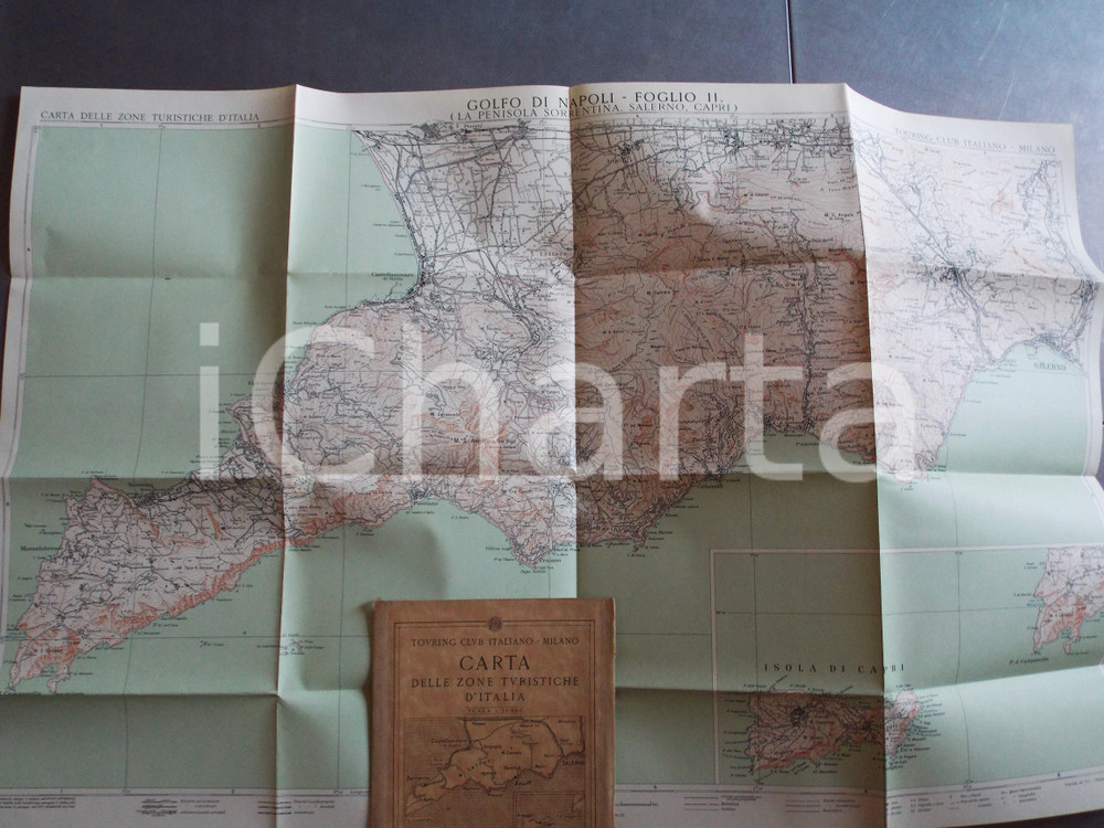 Mappa, planimetria storica 1930 TCI Carta zone turistiche d Italia  SORRENTO, SALERNO e CAPRI Mappa 80x50 1