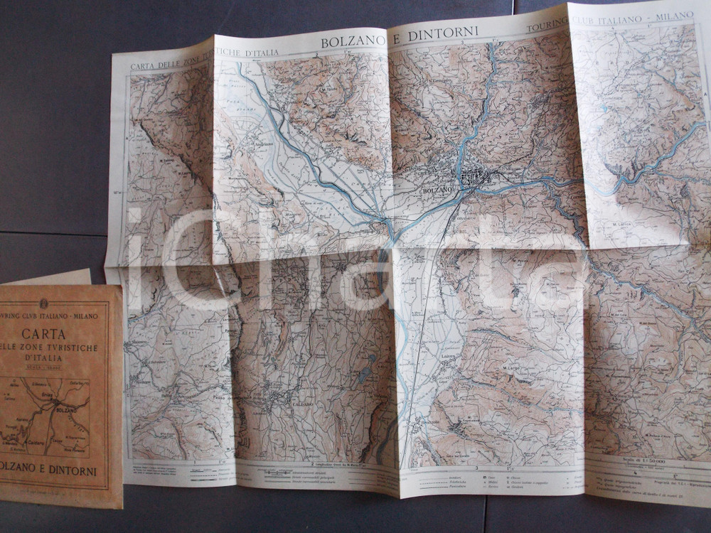 Mappa, planimetria storica 1930 ca TCI Carta zone turistiche d Italia  BOLZANO e dintorni Mappa 50x20 cm 1