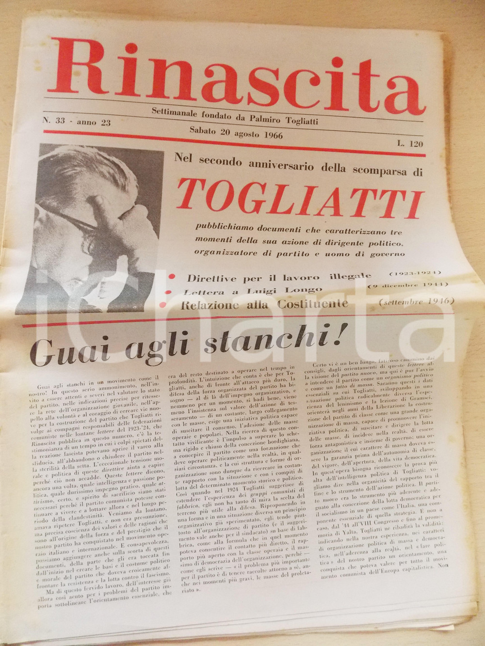 Giornale, rivista storica 1966 RINASCITA Secondo anniversario della morte di Togliatti Anno XXIII nÂ° 33 1