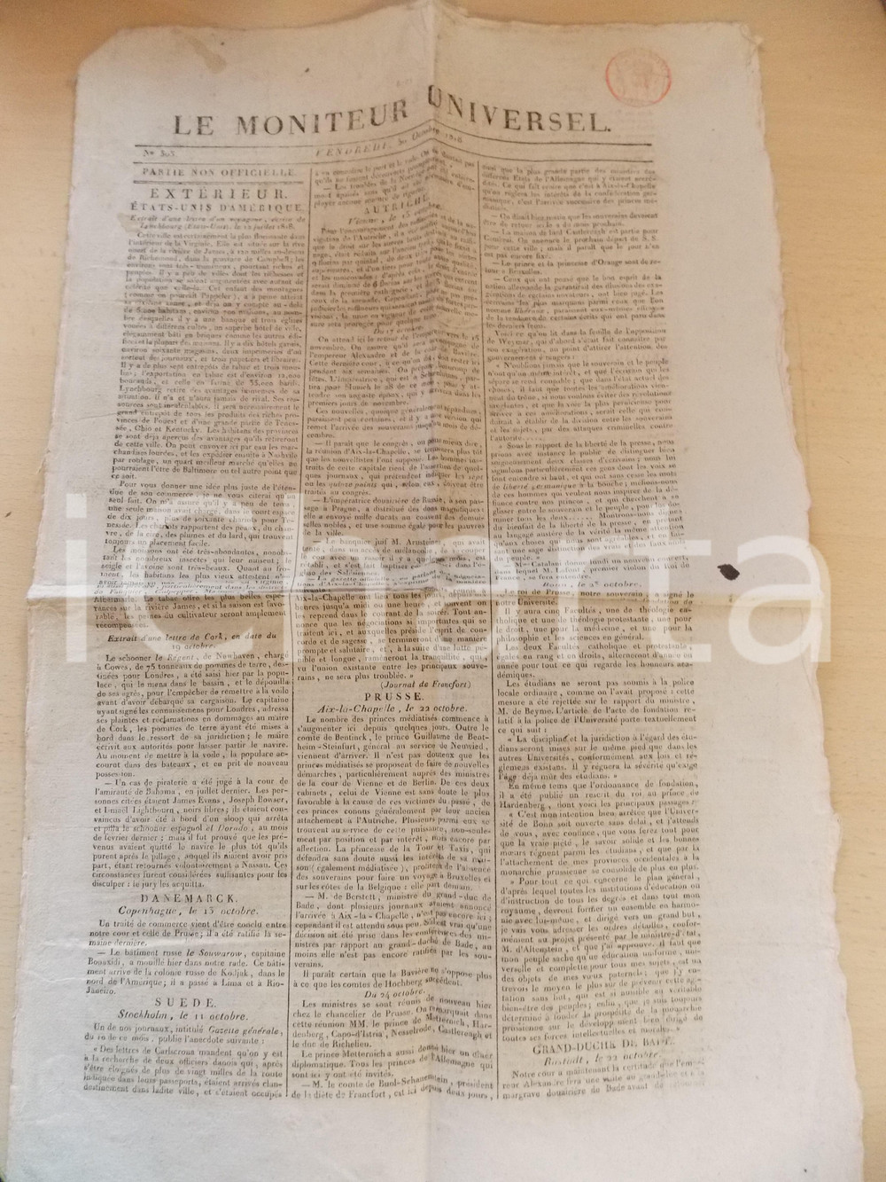 Giornale, rivista storica 1818 LE MONITEUR UNIVERSEL Ritiro delle truppe che occupavano la Francia n° 303 1