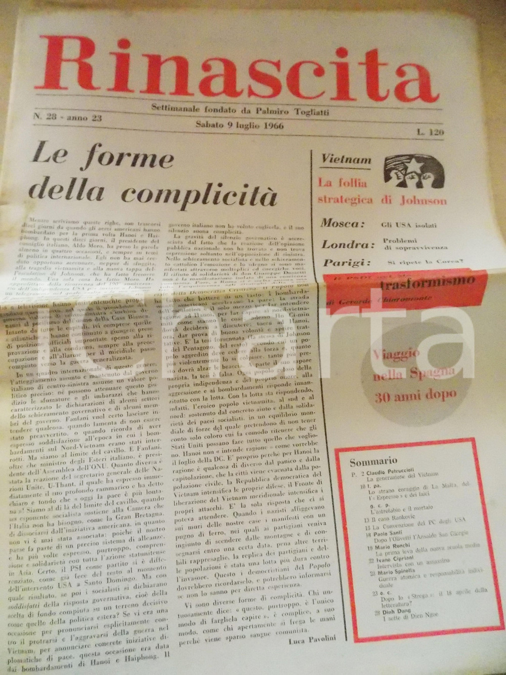 Giornale, rivista storica 1966 RINASCITA La follia di Lyndon JOHNSON contro il Vietnam Anno XXIII nÂ° 28 1