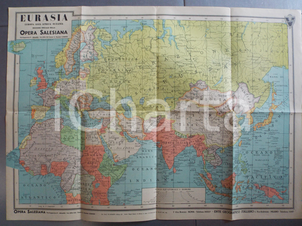 Mappa, planimetria storica 1941 Carta geografica EURASIA  Edizione OPERA SALESIANA MILANO 60x50 cm 1