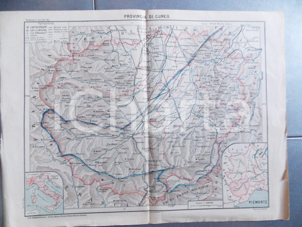 Mappa, planimetria storica 1922 PROVINCIA DI CUNEO Carta geografica ed. PARAVIA dis. Domenico LOCCHI 1