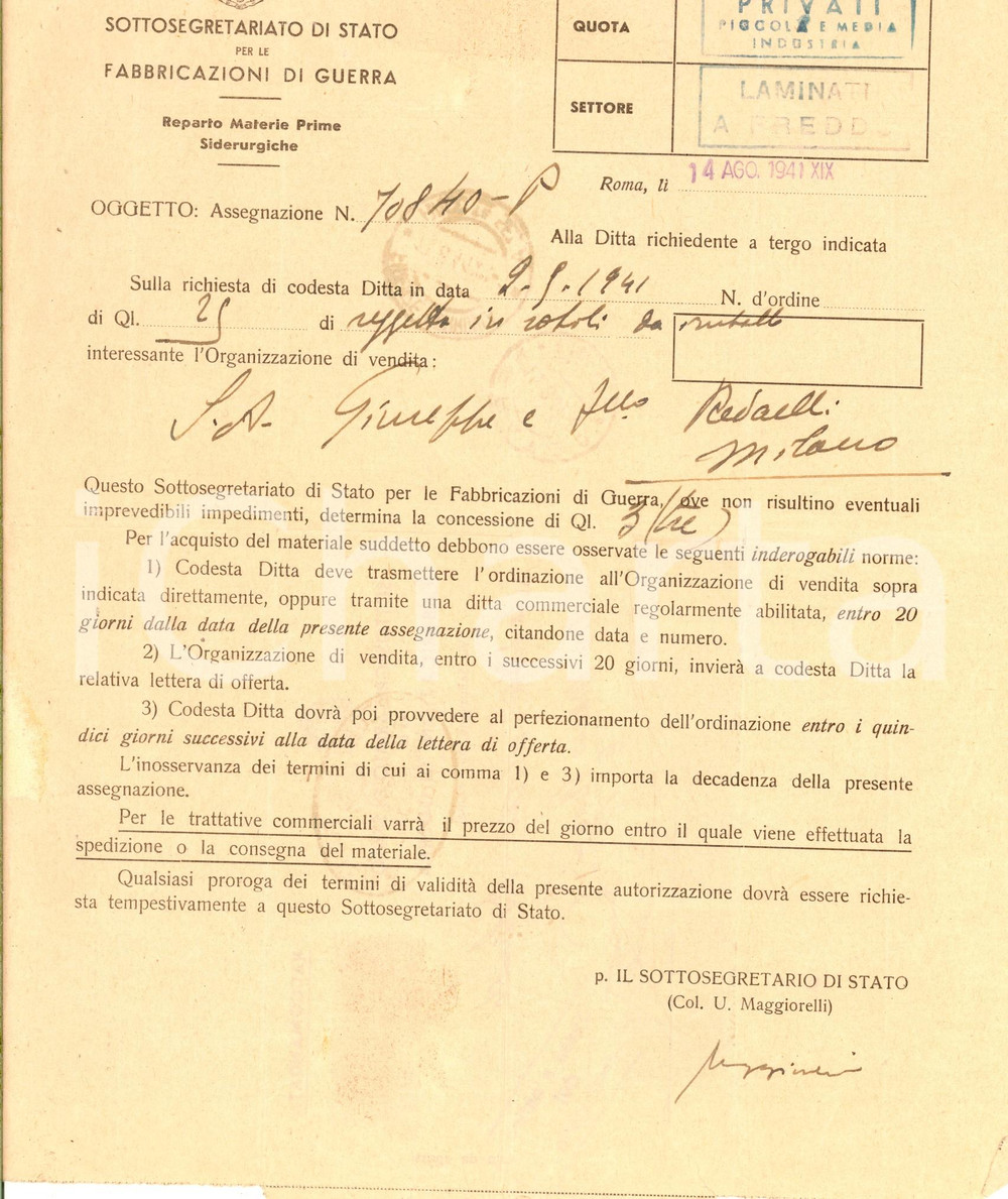 1941 WW2 MILANO FABBRICAZIONI GUERRA Assegnazione rotoli metallo ditta REDAELLI