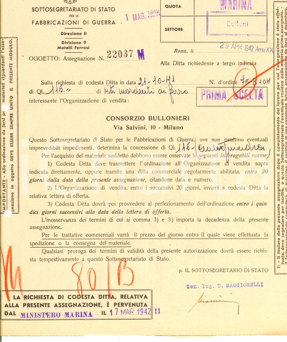 Documento originale, autentico 1942 WW2 FABBRICAZIONI DI GUERRA Richiesta ditta REDAELLI di MILANO per viti 1