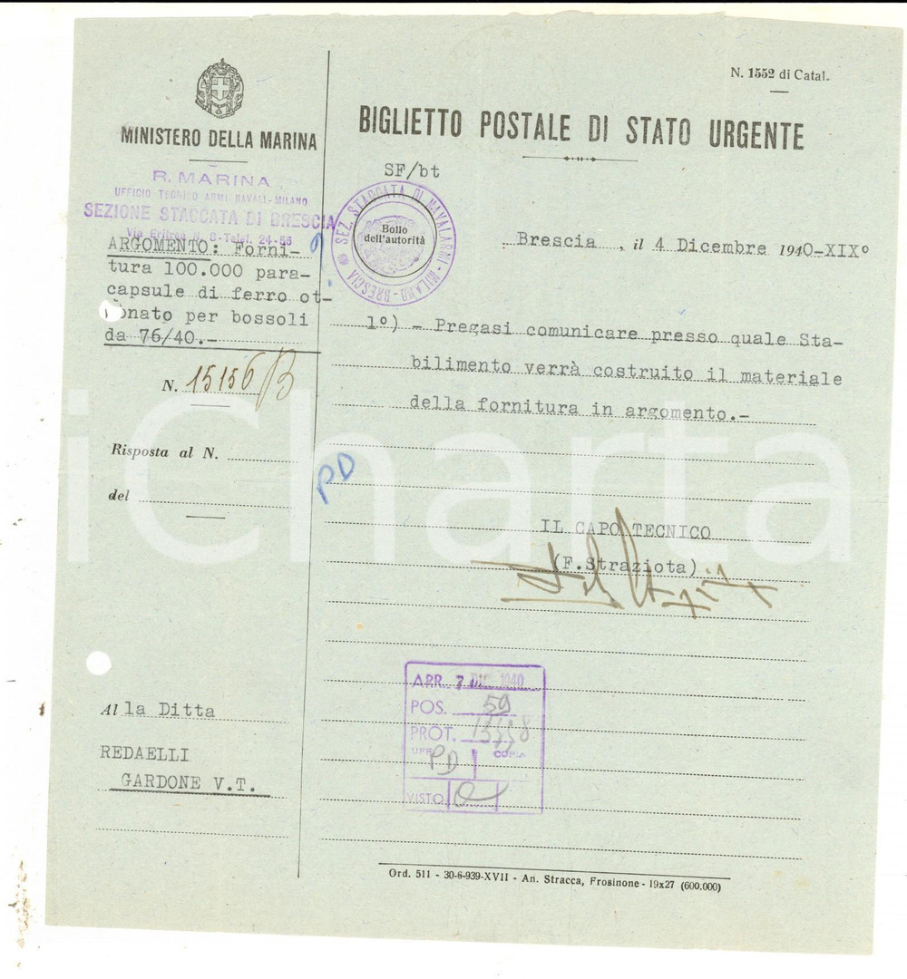 Documento originale, autentico 1940 MINISTERO DELLA MARINA Biglietto postale  Ferro per bossoli ditta REDAELLI 1