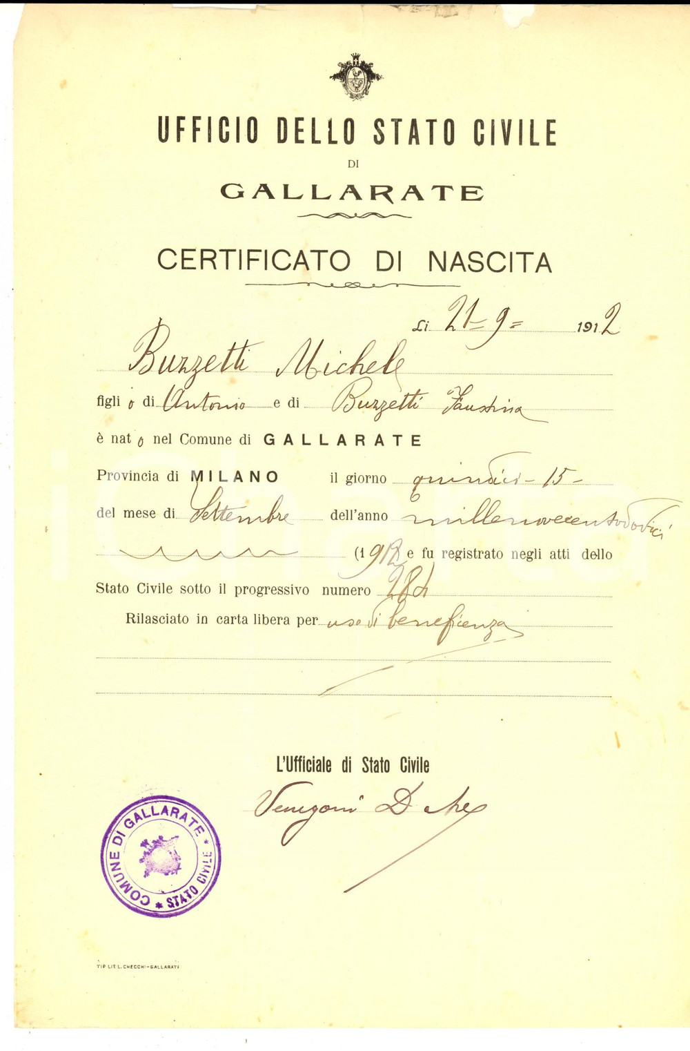 Documento originale, autentico 1912 GALLARATE VA STATO CIVILE  Certificato di nascita Carlo BUZZETTI 1