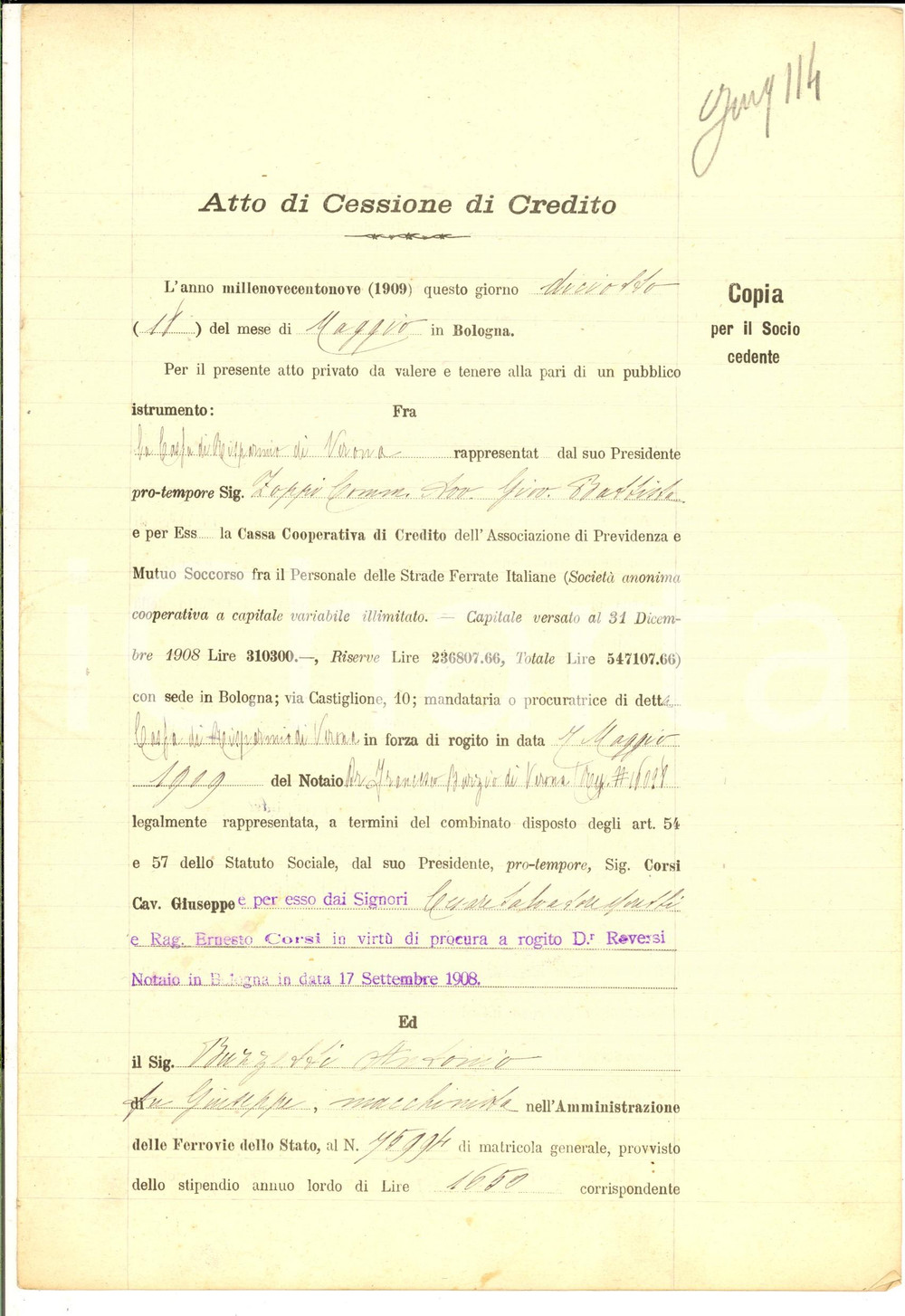Documento originale, autentico 1909 BOLOGNA Cessione credito Antonio BUZZETTI pro Cassa di Risparmio di VERONA 1
