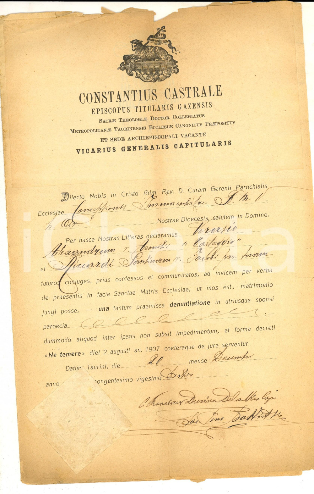 Documento originale, autentico 1923 TORINO Nozze Alessandro VERASIO  Paolina RICCARDI Mons. CASTRALE 1