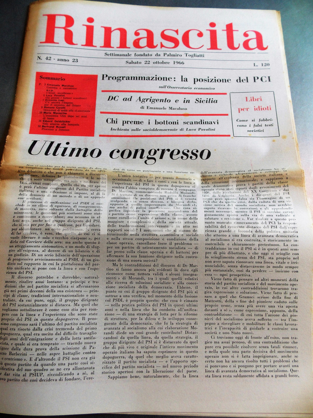 Giornale, rivista storica 1966 RINASCITA La DC in Sicilia corrotta e corruttrice Anno XXIII n° 28 1