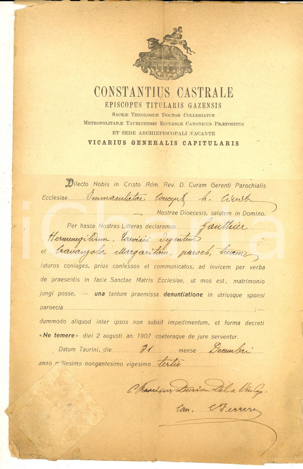 Documento originale, autentico 1923 TORINO Nozze Ermenegildo GAUTHIER  Margherita CRAVANZOLA Mons. CASTRALE 1