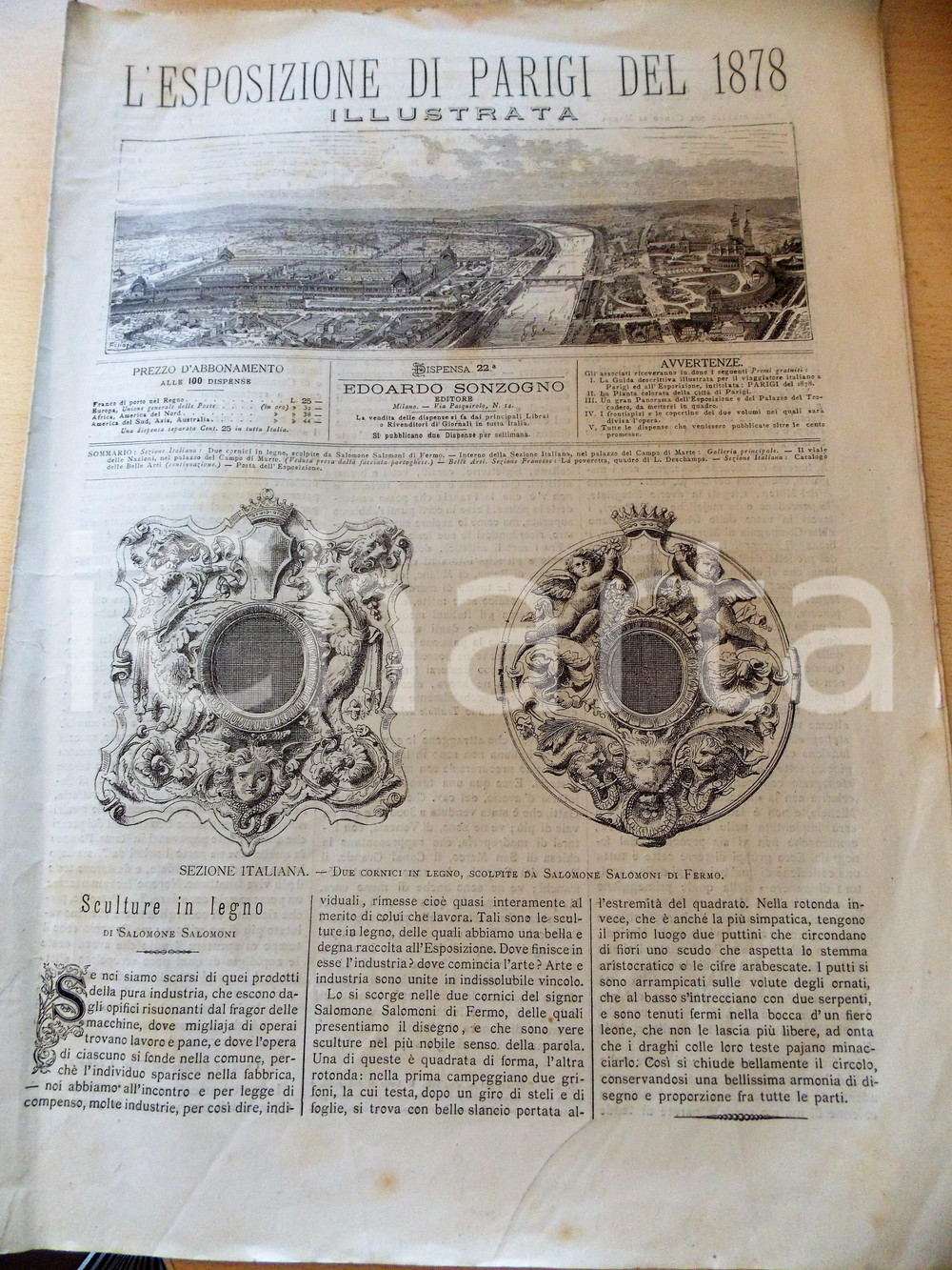 Giornale, rivista storica 1878 L ESPOSIZIONE DI PARIGI ILLUSTRATA Sezione italiana  Sculture in legno 1