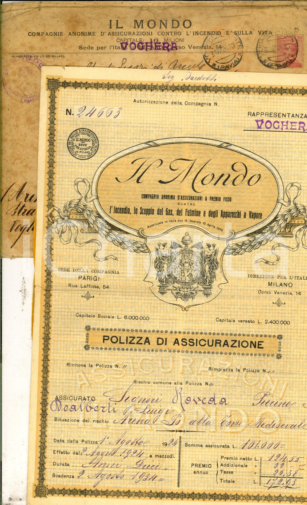 1924 ARENA PO (PV) Compagnia IL MONDO Polizza Luigi DEALBERTI per industria soda
