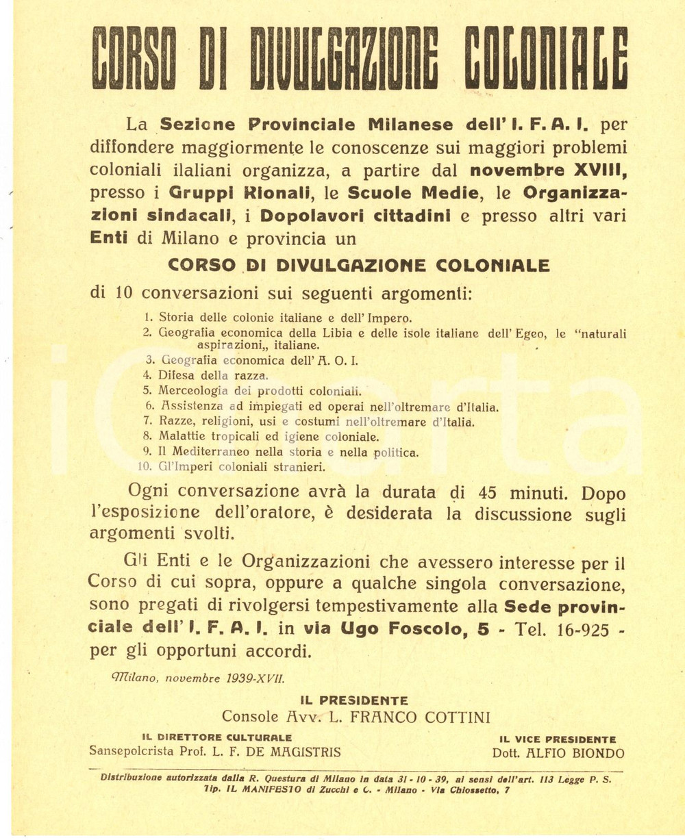 Materiale pubblicitario d’epoca 1939 MILANO Istituto Fascista AFRICA ITALIANA Divulgazione coloniale Volantino 1