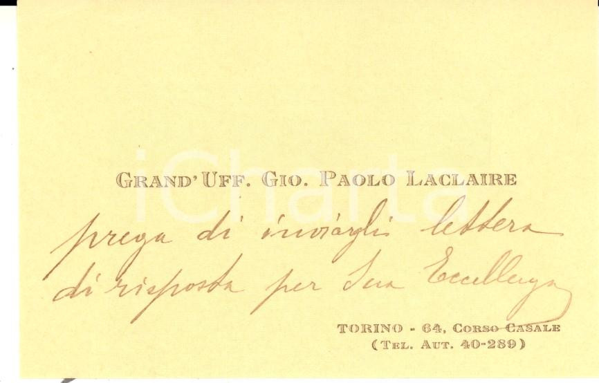 Autografo originale 1925 TORINO Biglietto da visita grand uff. Giovanni Paolo LACLAIRE AUTOGRAFO 1