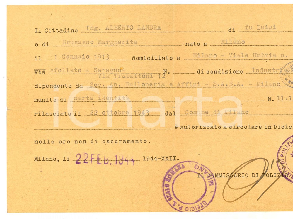 Documento originale, autentico 1944 WW2 RSI MILANO Autorizzazione sfollato Alberto LANDRA a circolare in bici 1