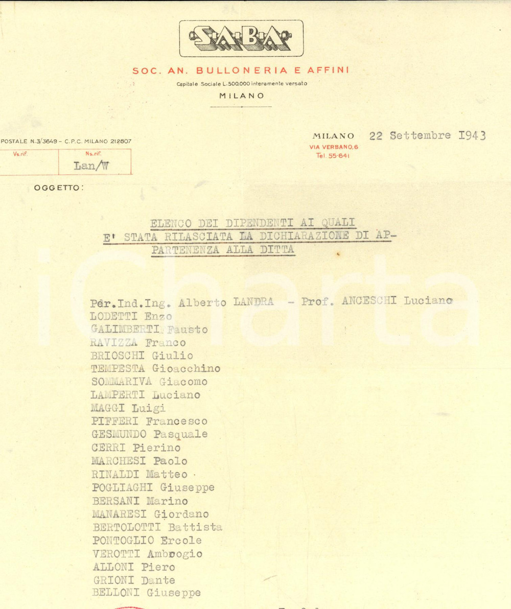 Documento originale, autentico 1943 WW2 MILANO Soc. An. BULLONERIA Dipendenti con dichiarazione appartenenza 1