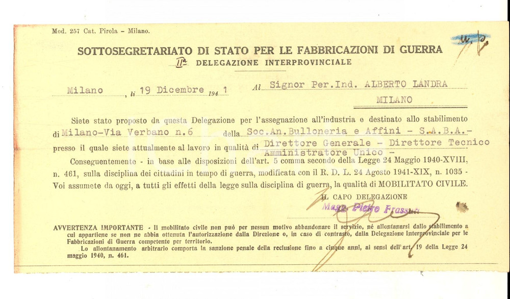 Documento originale, autentico 1941 WW2 MILANO FABBRICAZIONI GUERRA Alberto LANDRA proposto per Soc. Bulloneria 1