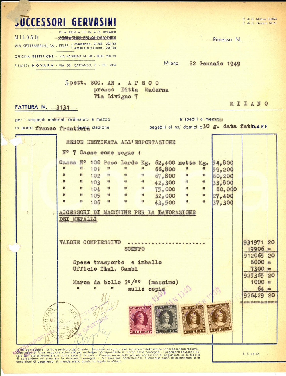 Documento originale, autentico 1949 MILANO Ditta SUCCESSORI GERVASINI Macchine per metalli Fattura intestata 1