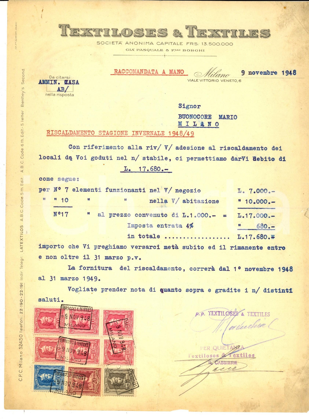 Documento originale, autentico 1948 MILANO Ditta TEXTILOSES & TEXTILES Fattura per riscaldamento Bolli 1