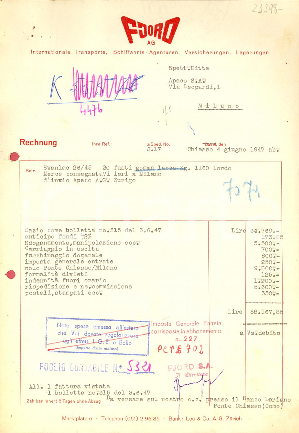 Documento originale, autentico 1947 CHIASSO CH Ditta FJORD AG Trasporti internazionali Fattura intestata 1