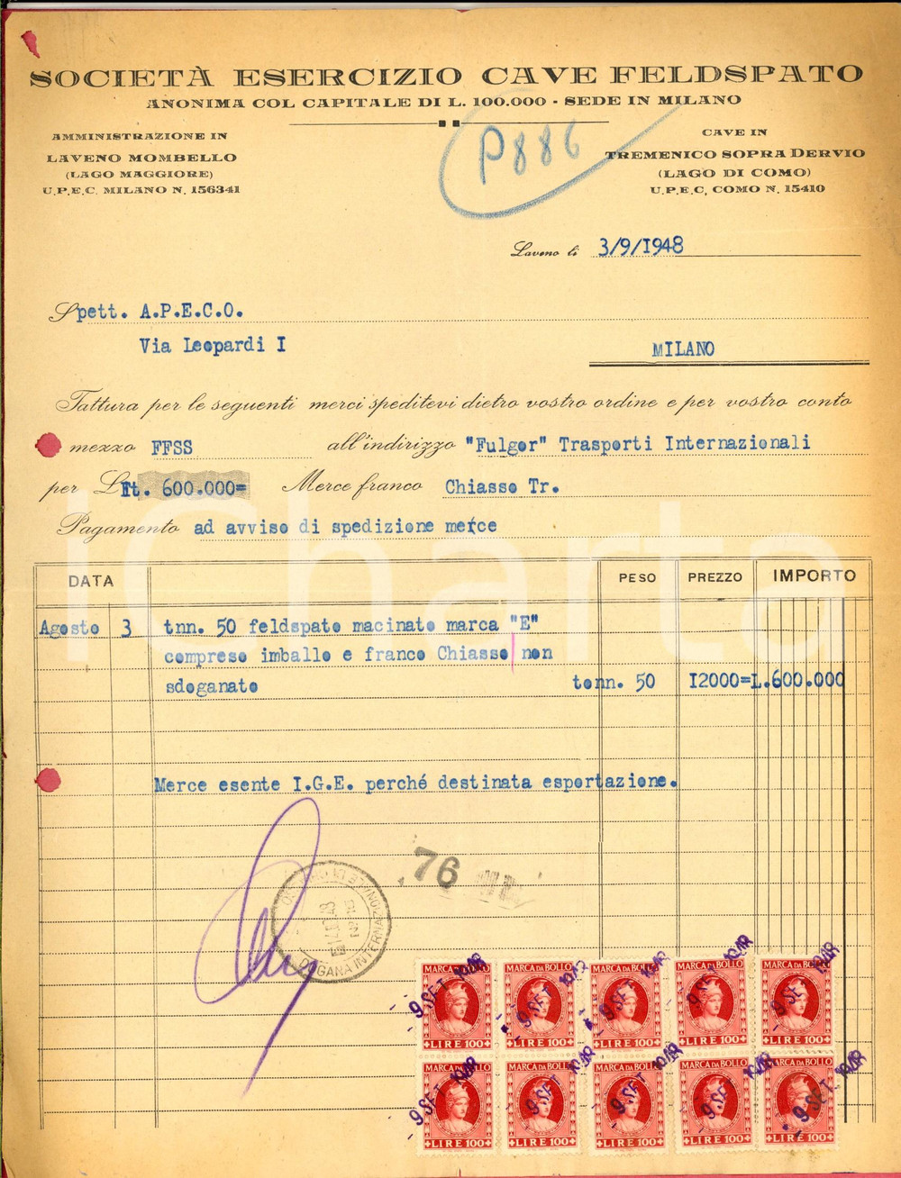 Documento originale, autentico 1948 LAVENO SocietÃ  Esercizio CAVE FELDSPATO Fattura per macinato Bolli 1