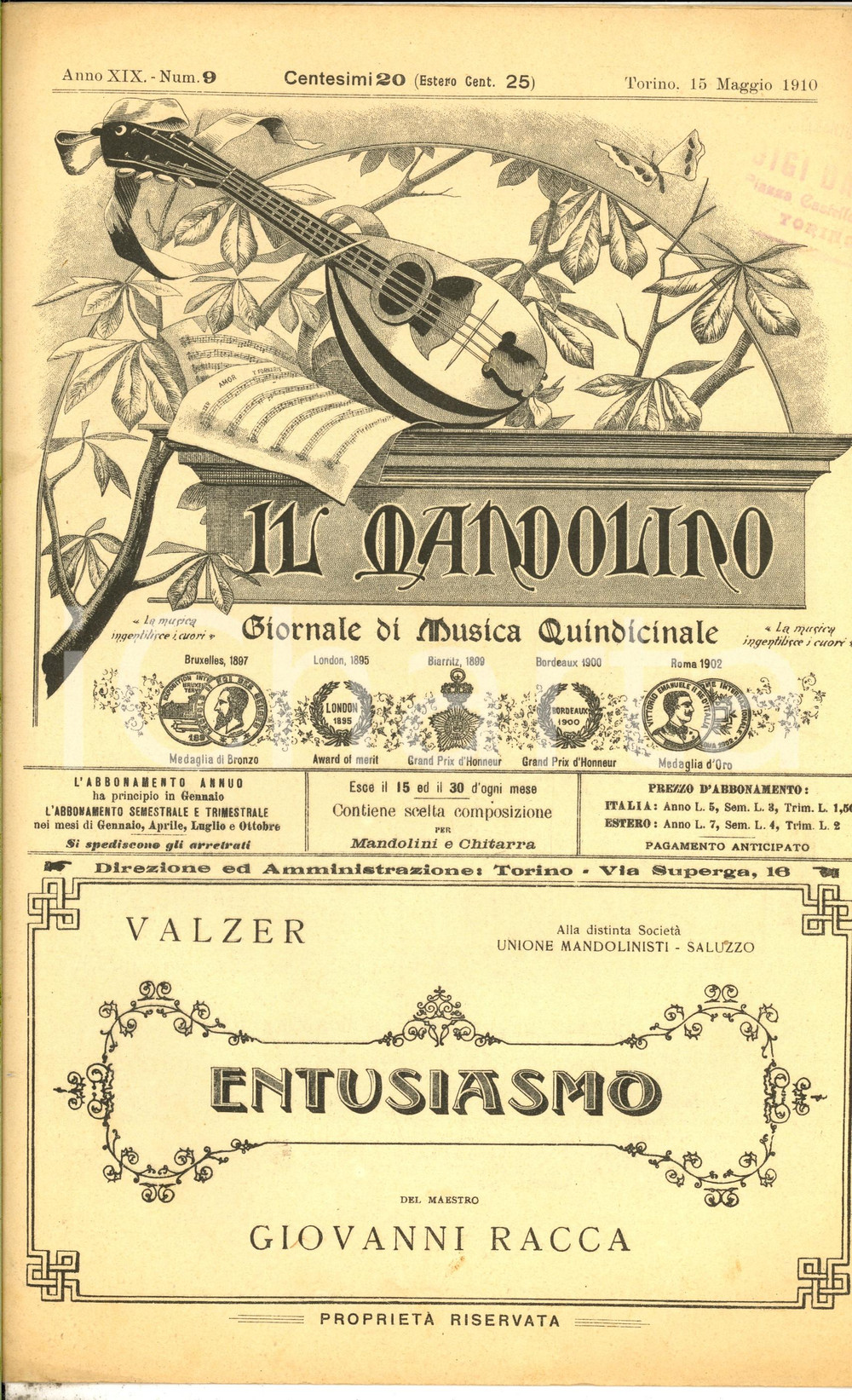 Oggetto da collezione cartaceo 1910 IL MANDOLINO Valzer Giovanni RACCA Entusiasmo Spartito anno XIX nÂ° 9 1