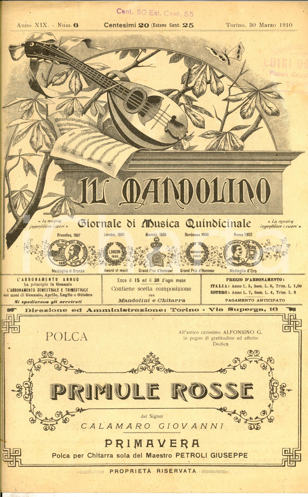 Oggetto da collezione cartaceo 1910 IL MANDOLINO Polca G. CALAMARO Primule rosse Spartito anno XIX nÂ°6 1