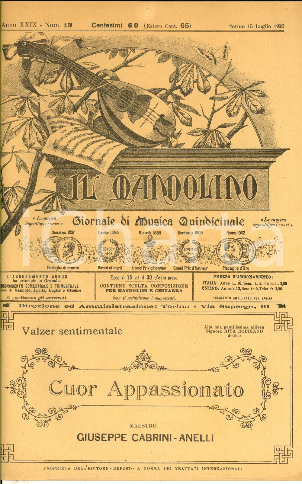 Oggetto da collezione cartaceo 1920 IL MANDOLINO Valzer G. CABRINIANELLI Cuor appassionato Spartito nÂ° 13 1