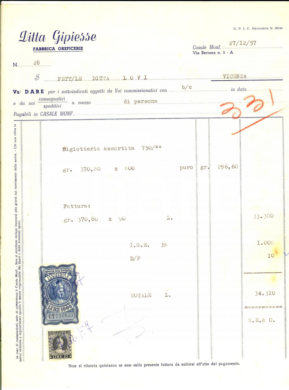 Documento originale, autentico 1957 CASALE MONFERRATO Ditta GIPIESSE Fabbrica oreficerie Fattura con bolli 1