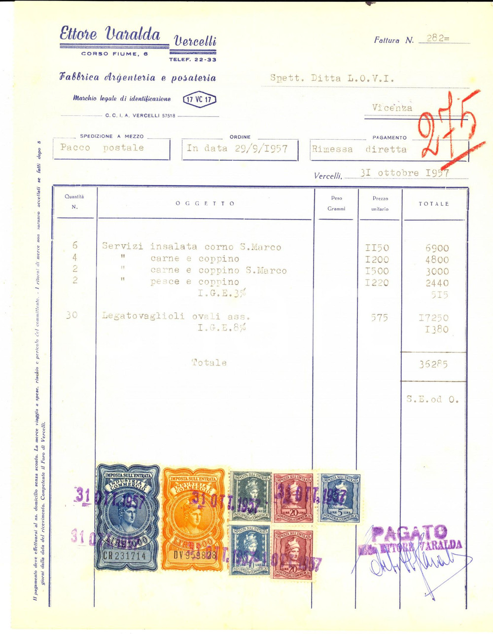 Documento originale, autentico 1957 VERCELLI Ettore VARALDA Fabbrica argenteria Fattura intestata con bolli 1