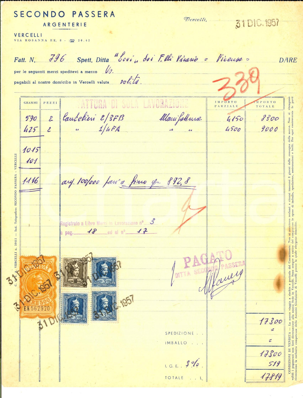 Documento originale, autentico 1957 VERCELLI Ditta Secondo PASSERA argenterie Fattura intestata con bolli 1