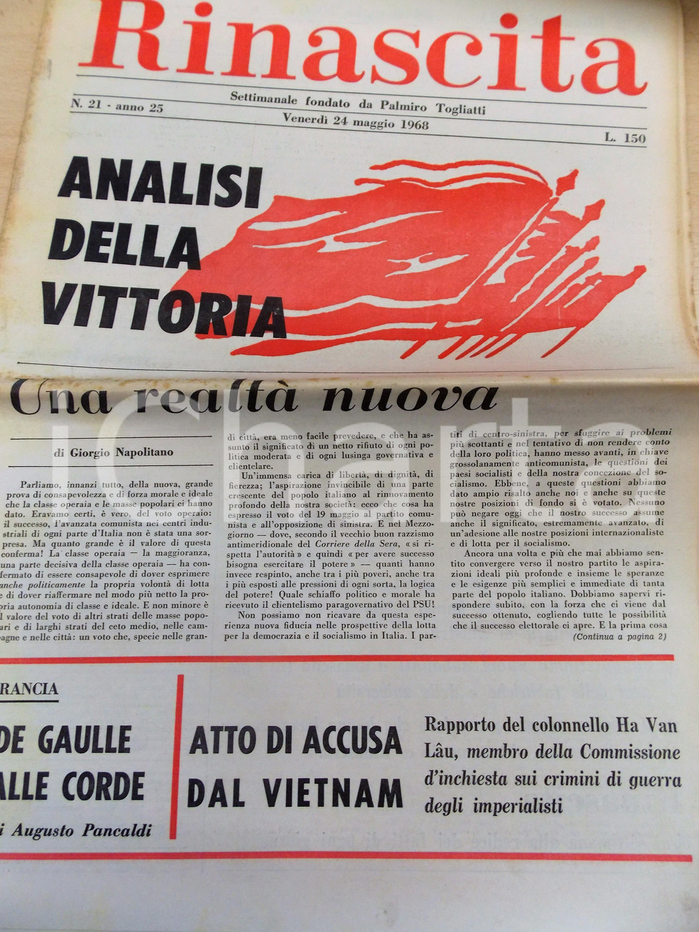 Giornale, rivista storica 1968 RINASCITA Giorgio NAPOLITANO Vittoria delle sinistre Anno 25 nÂ° 21 1