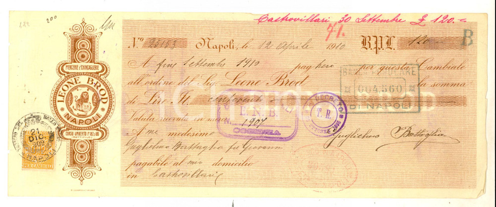 Documento originale, autentico 1910 NAPOLI Leone BROD Mercerie e chincaglierie Cambiale pubblicitaria 1