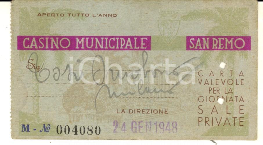 Oggetto da collezione cartaceo 1948 SANREMO IM Casinò municipale Biglietto d ingresso per sale private 1
