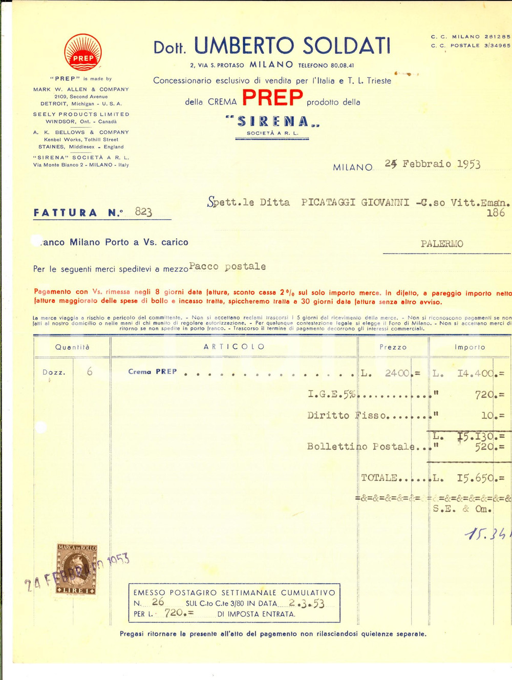 Documento originale, autentico 1953 MILANO Ditta Umberto SOLDATI Crema PREP prodotto SIRENA Fattura intestata 1