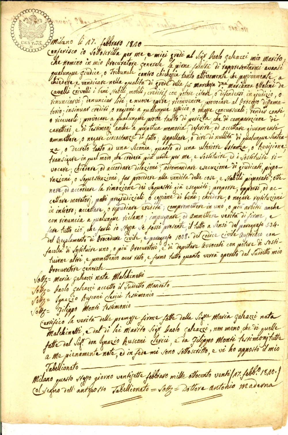 Documento originale, autentico 1820 MILANO Procura di Maria MALCHINETTI al marito Paolo GALEAZZI Manoscritto 1