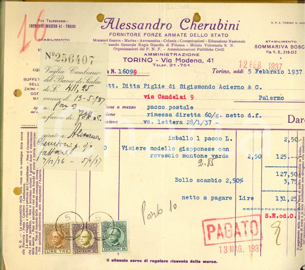 Documento originale, autentico 1937 TORINO Alessandro CHERUBINI Fornitore Forze Armate Fattura con bolli 1