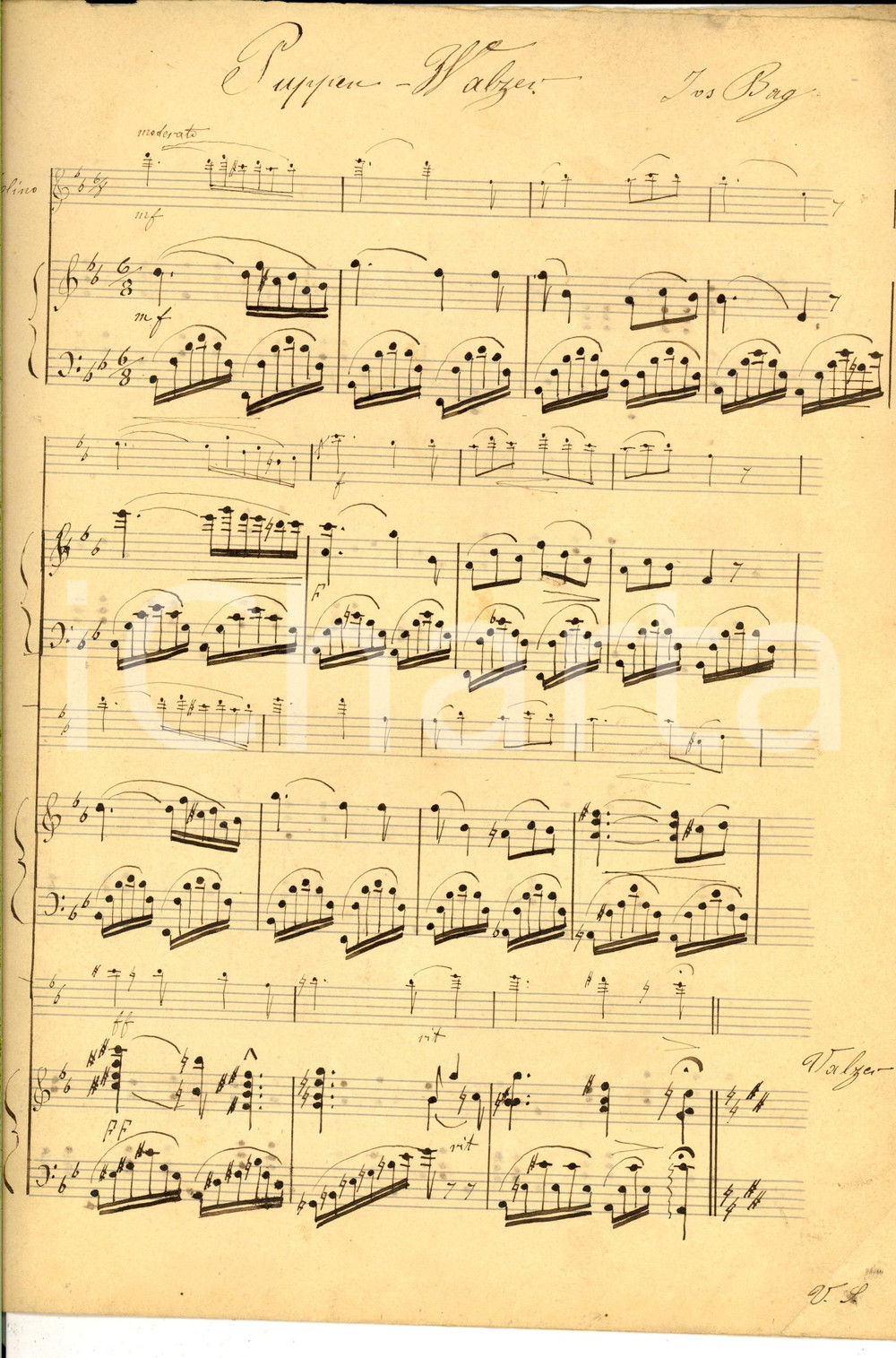 Oggetto da collezione cartaceo 1880 ca MUSICA Puppenwalzer Spartito manoscritto per pianoforte 8 pp. 1