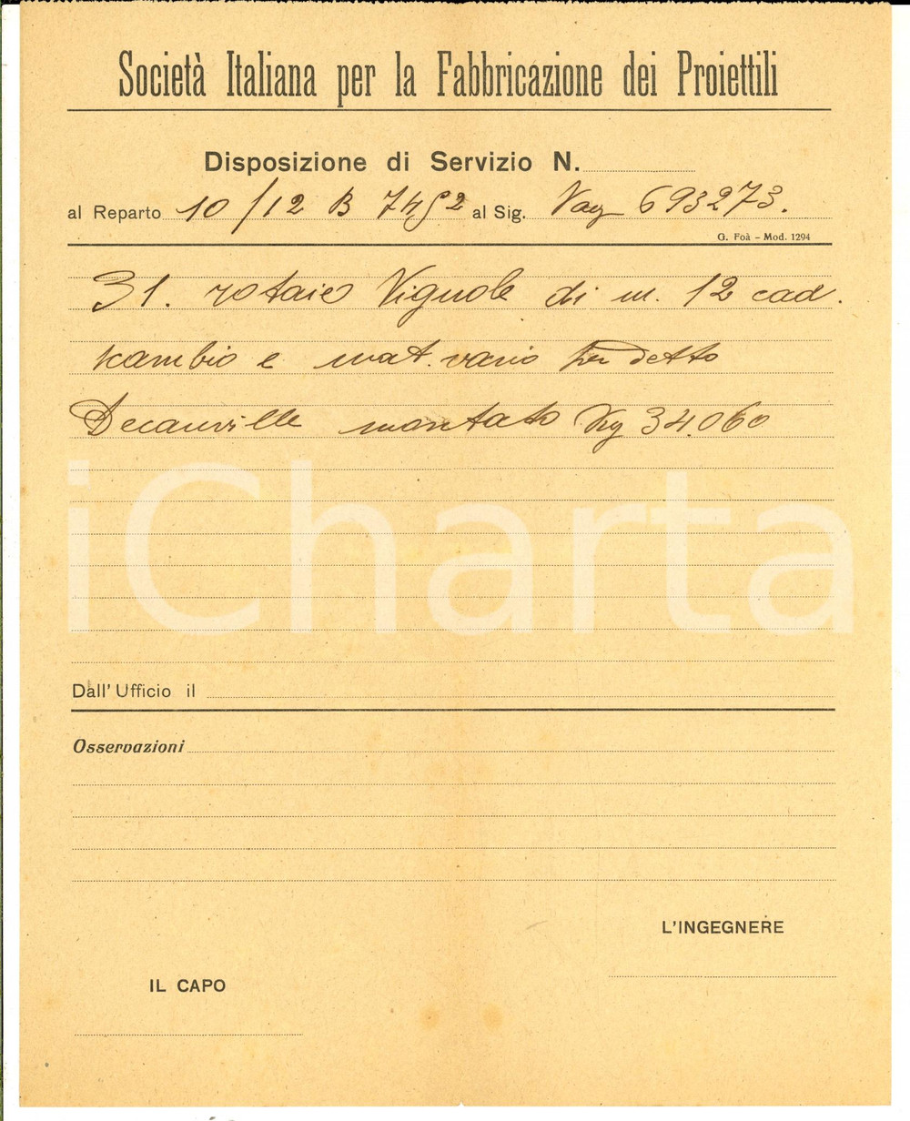 Documento originale, autentico 1918 WW1 TORINO SocietÃ  Fabbricazione Proiettili  Disposizione di servizio 1