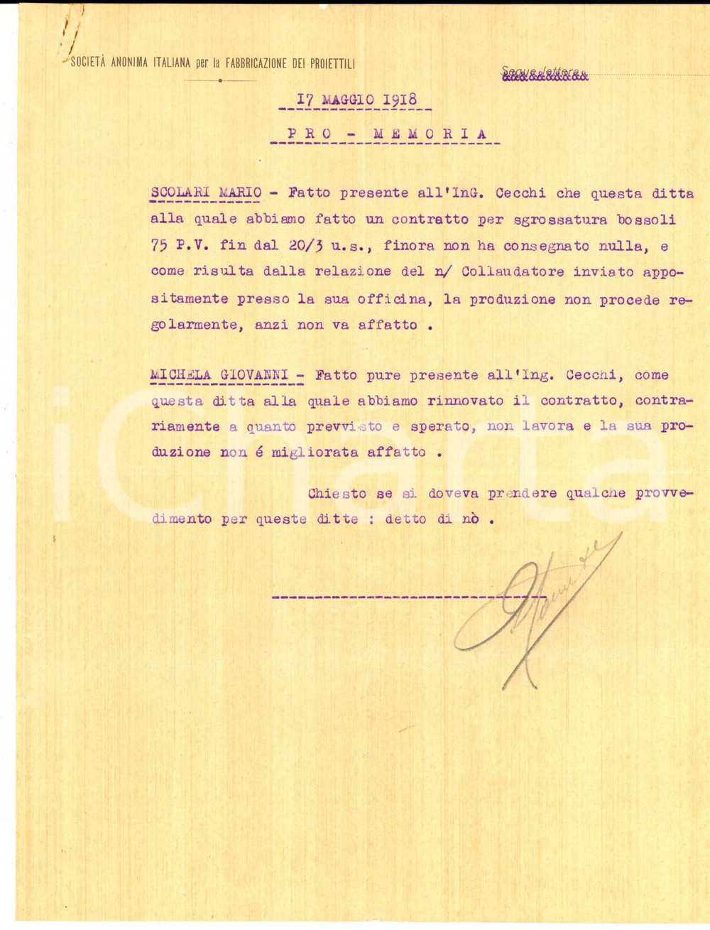 Documento originale, autentico 1918 TORINO SocietÃ  Fabbricazione Proiettili  SCOLARI e MICHELA non lavorano 1