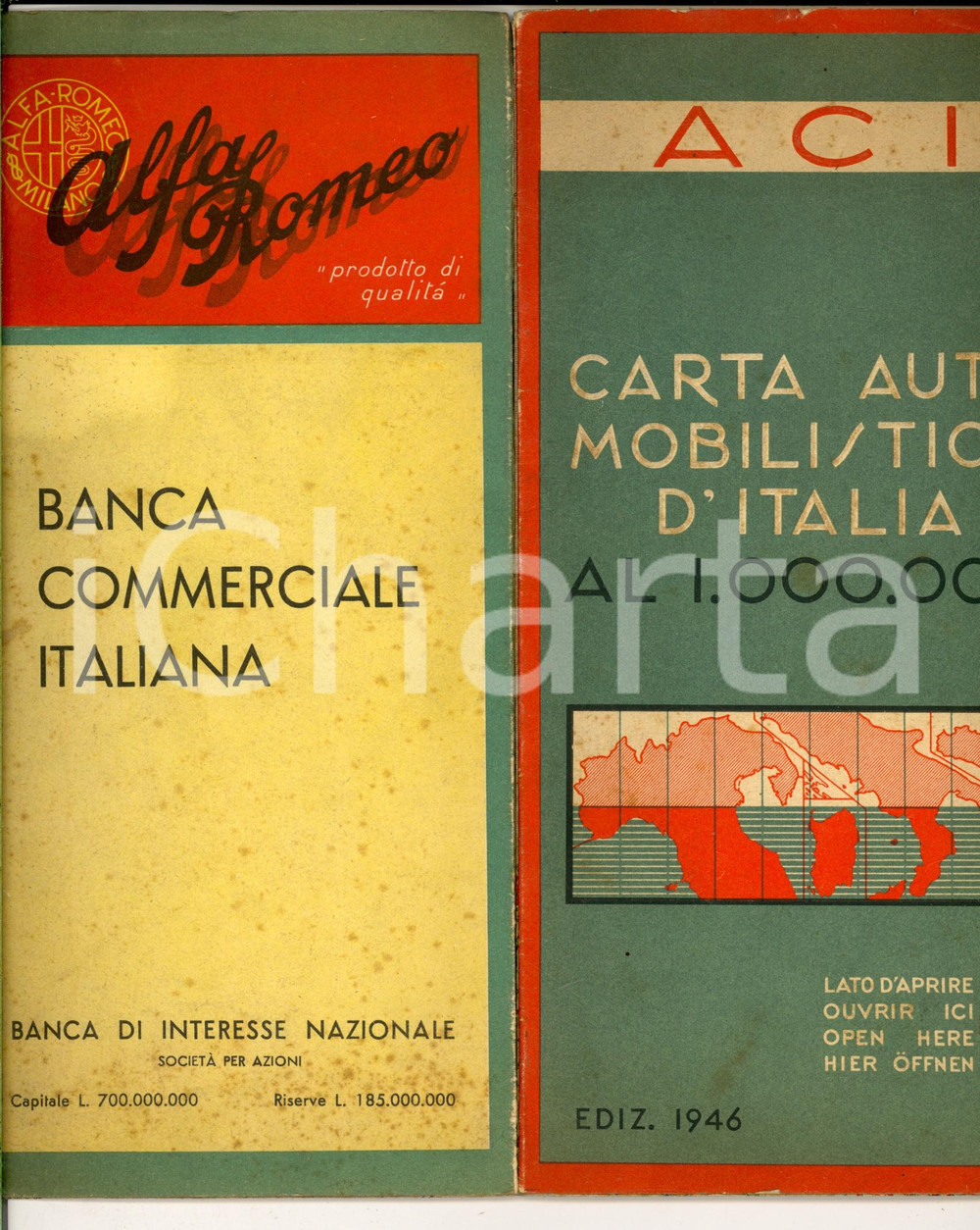 Materiale pubblicitario d’epoca 1946 ACI Carta automobilistica Italia Pubblicità  ALFA ROMEO /Banca Commerciale 1
