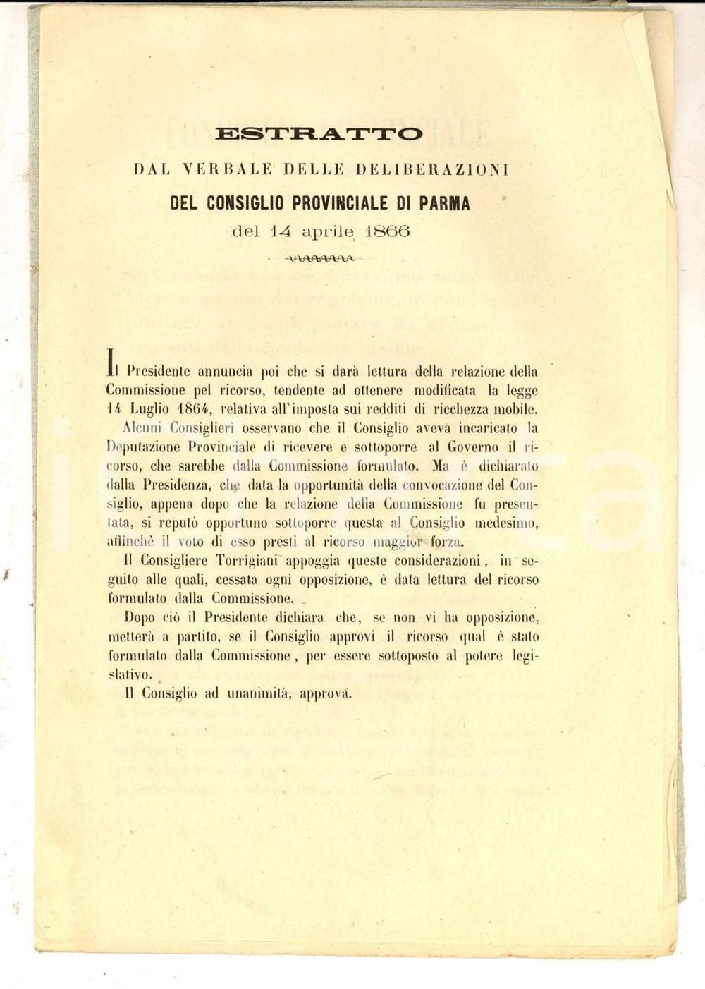 Documento originale, autentico 1866 PARMA Estratto verbale del Consiglio Provinciale  Ricchezza mobile 8 pp. 1