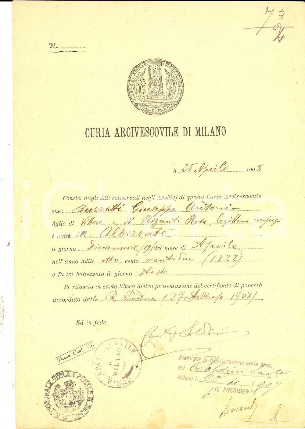 Documento originale, autentico 1908 ALBIZZATE Certificato battesimo di Giuseppe Antonio BUZZETTI Curia MILANO 1