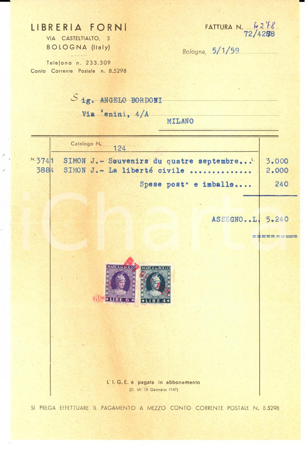 Documento originale, autentico 1959 BOLOGNA Libreria FORNI Via Castel Tialto 3  Fattura intestata 1